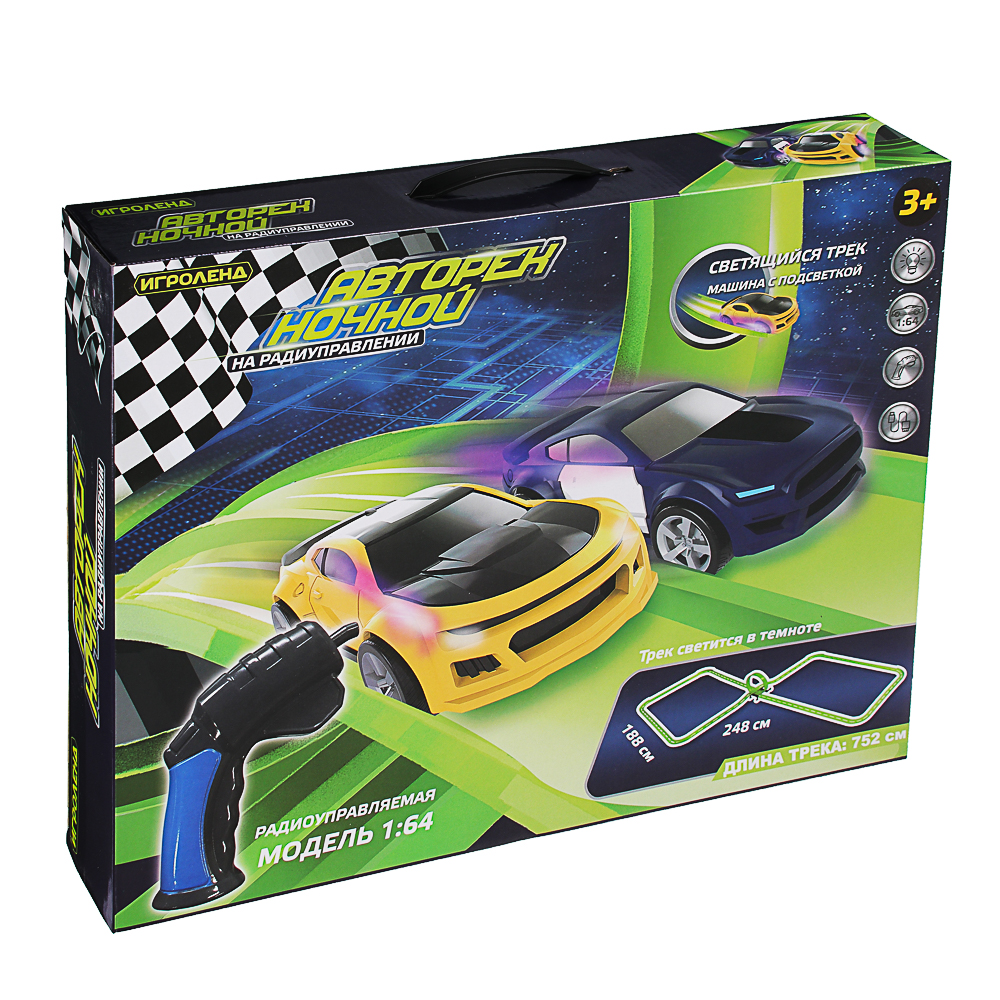 ИГРОЛЕНД Автотрек ночной  с мертвой петлей  и беспроводным ПУ, светящийся, 2АА, PP, PS, 44х35х6см, арт.№ 276-107