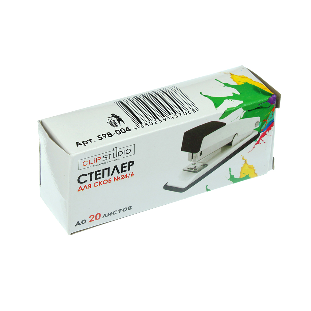 ClipStudio Степлер канцелярский для скоб №24/6, металлический корпус, ассорти 3 цвета, в карт.уп, арт.№ 598-004
