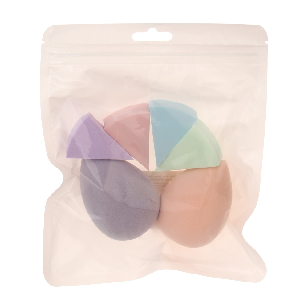 Набор спонжи для макияжа 6 шт тм ЮНИLOOK (блендер 6х4см 2 шт, спонж 4х1,8х3см 4 шт), 3 цвета, арт.№ 357-390