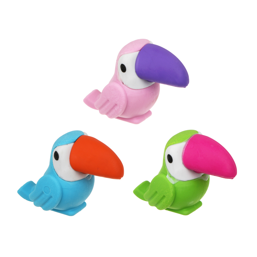 Ластик-топпер в форме тукана, ТПР, 3 цвета, 3х2,7х4 см, арт.№ 607-036