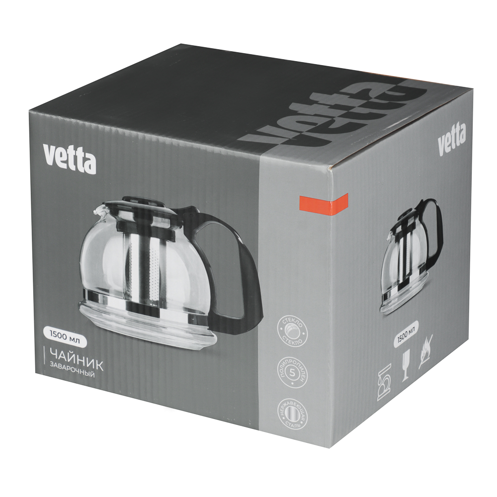 VETTA Чайник заварочный 1500мл, ситечко из нержавеющей стали, стекло, полипропилен, арт.№ 850-101