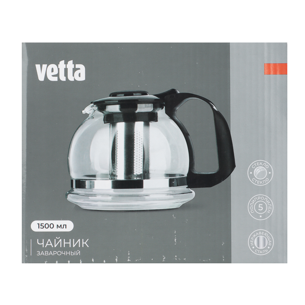 VETTA Чайник заварочный 1500мл, ситечко из нержавеющей стали, стекло, полипропилен, арт.№ 850-101