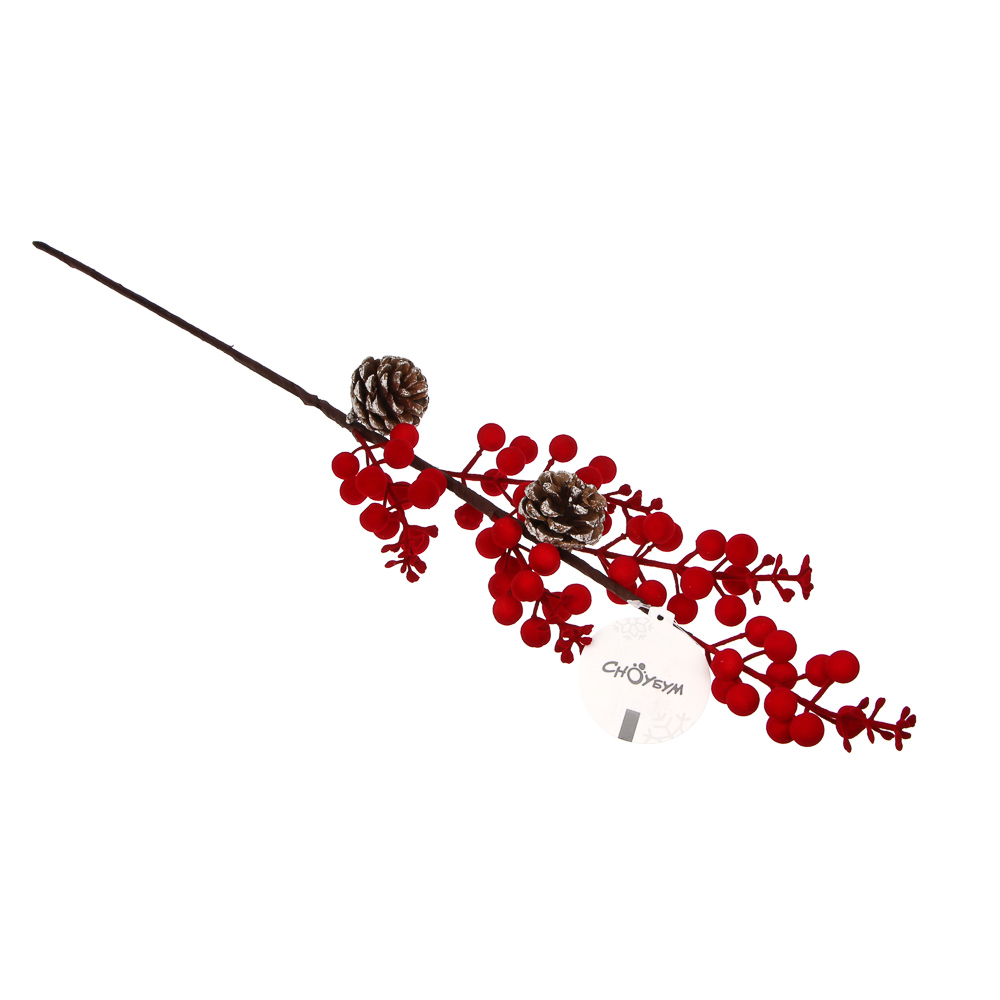 СНОУ БУМ Ветка с ягодами и шишками флокированная 61 см, металл, пластик, 2 цвета, арт.№ 353-510