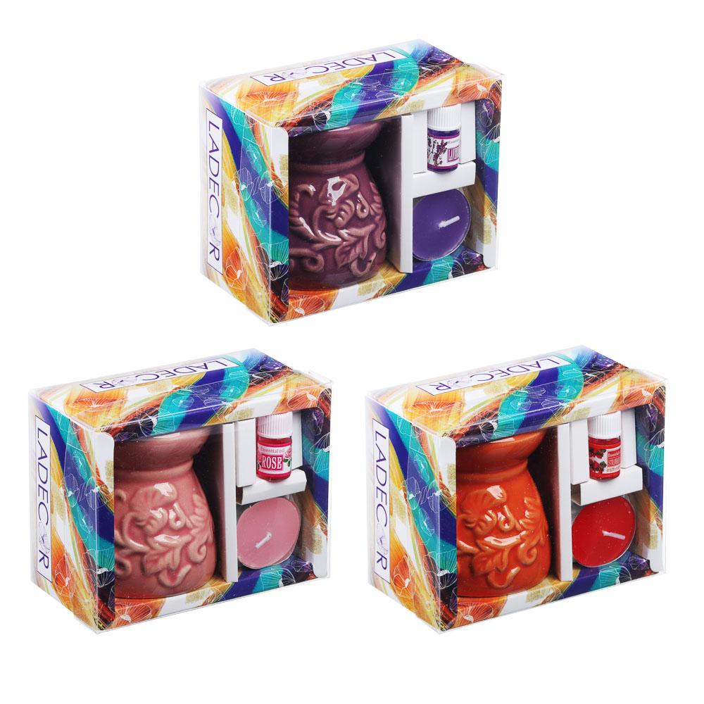 LADECOR Ароманабор (лампа+масло+свеча) керамика, 12х10х6,7 см, 3 вида, арт.№ 412-003