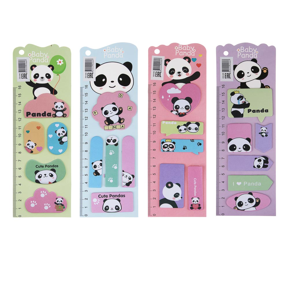 Закладки с клеевым краем фигурные, линейка 16см, 6,7х21,5см, 15 листов, 4 дизайна, Панда, арт.№ 533-048