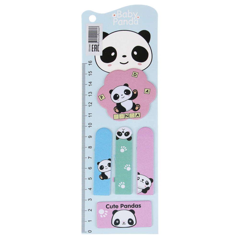 Закладки с клеевым краем фигурные, линейка 16см, 6,7х21,5см, 15 листов, 4 дизайна, Панда, арт.№ 533-048