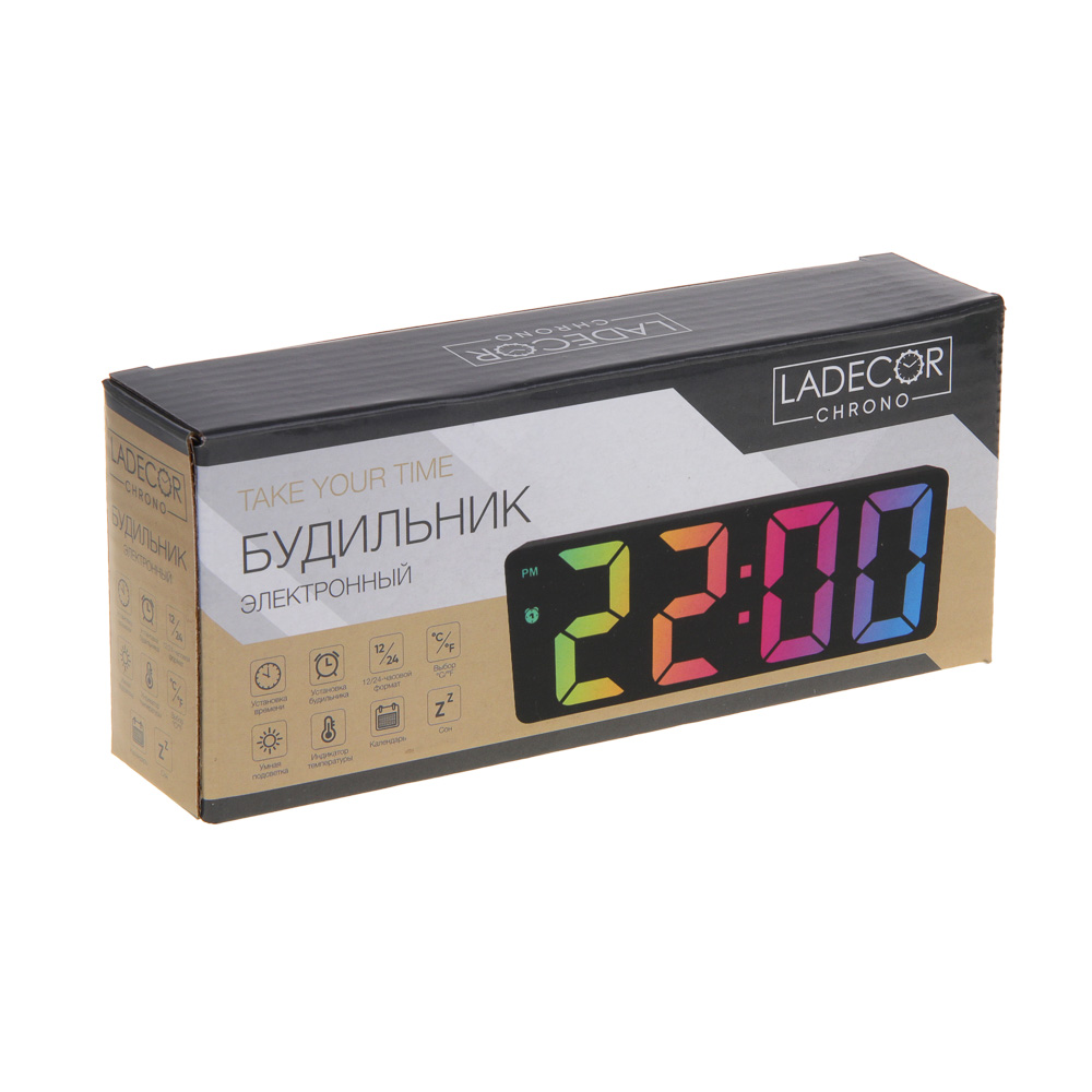 LADECOR CHRONO Будильник электронный, 16x6x2 см, АВС пластик, 3xAАA, оправа цвет черный, арт.№ 529-312