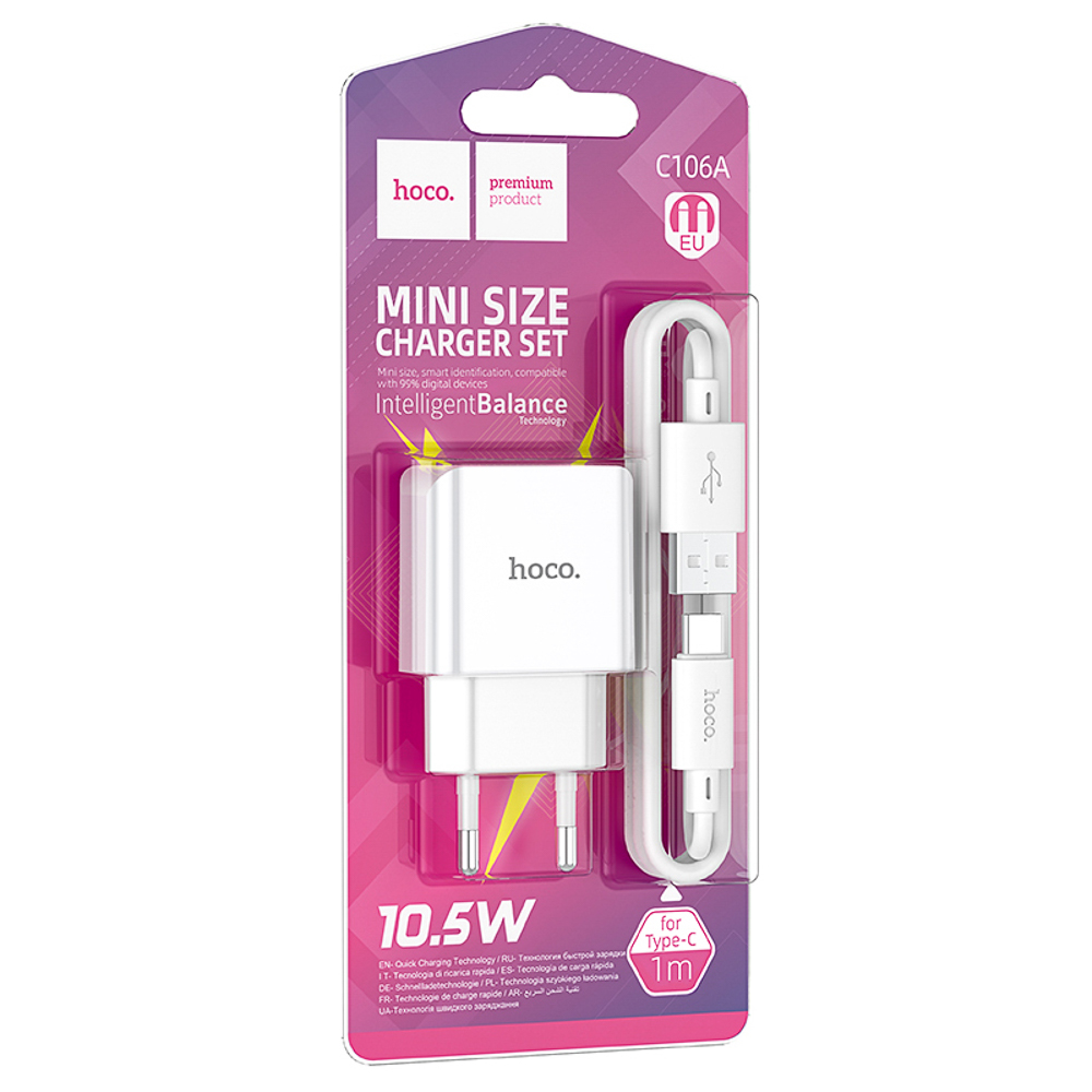 Сетевое зарядное устройство с кабелем hoco. модель C106A, USB-A 10.5Вт, каб Type-C 1м, цвет: белый, арт.№ 916-317