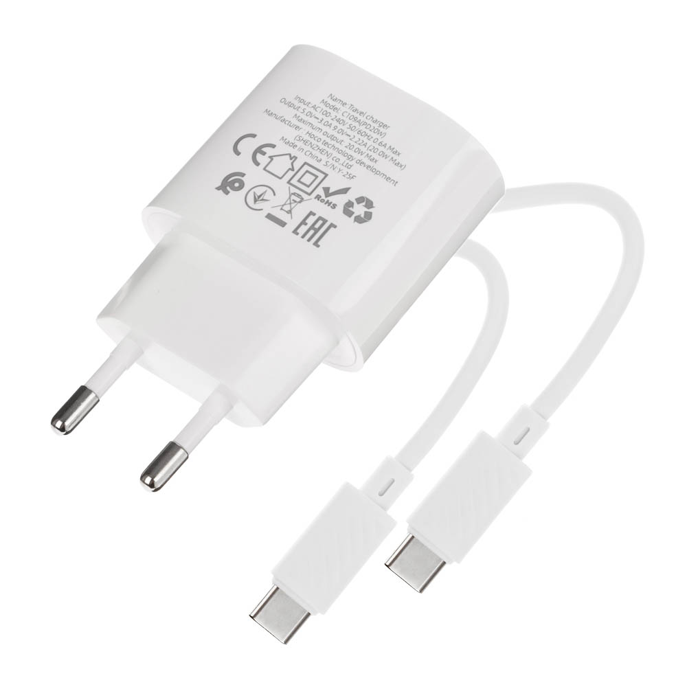 Сетевое зарядное устройство с кабелем hoco. модель C109A, USB-С 20Вт PD, каб C-C 1м, белый, арт.№ 916-318