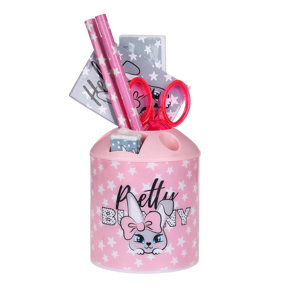 ЗАЙЧИК Набор канц. в стакане, 8 предметов : линейка,2 карандаша,точилка, ластик, ножницы, блокнот, арт.№ 234-033