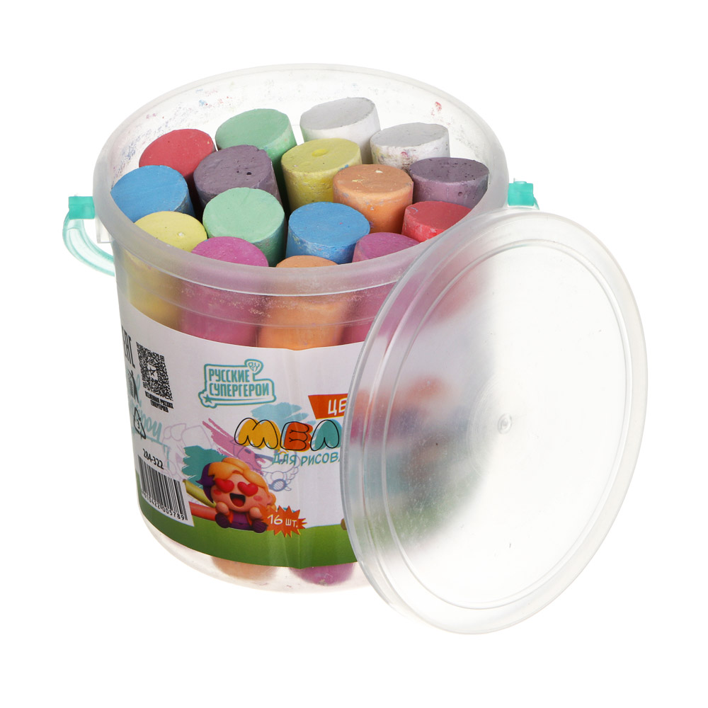 Мелки для рисования на асфальте «Русские Супергерои», BY, цветные в ведерке, 16 шт, мел, 9х9см, арт.№ 284-322