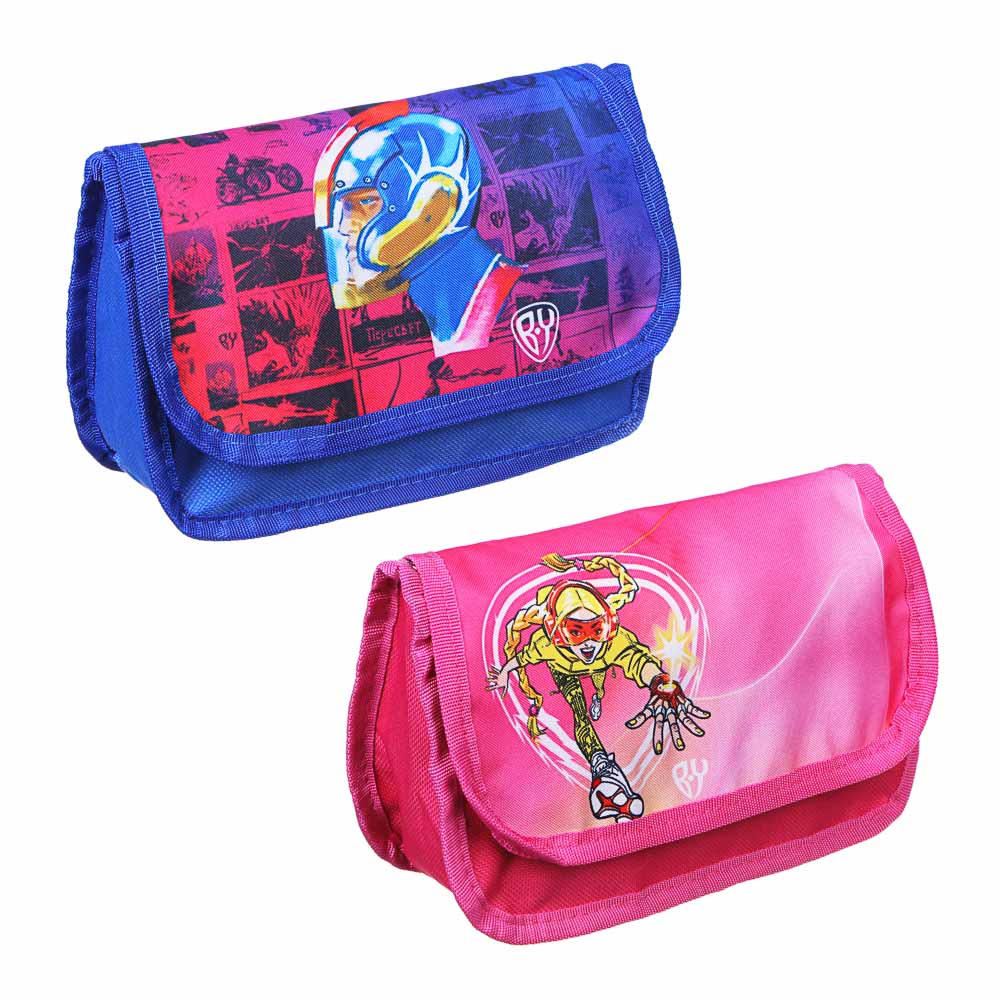 BY Пенал прямоугольный, 21х14х7,5см, 2 отд.на молнии, клапан на липучке, полиэстер, 2 дизайна, арт.№ 238-256