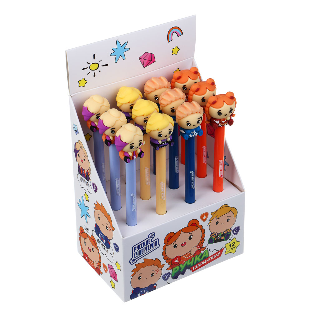 Авторучка шар. BY Русские Супергерои "Кавай" синяя, с фигуркой в форме супергероя, 4 диз., дисплей, арт.№ 591-041