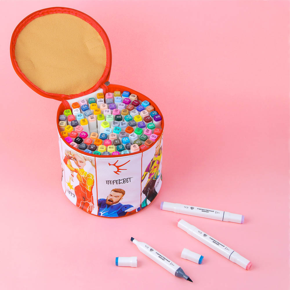 BY Русские Супергерои Набор маркеров худож., 96цв., 2-стор. (скош.6мм+"кисточка" 0,5мм), ПУ чехол, арт.№ 613-097