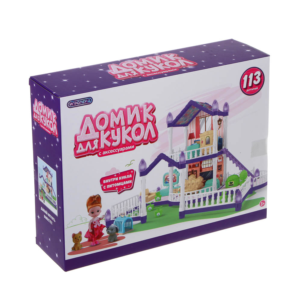 ИГРОЛЕНД Дом для куклы с акс., питомцами и куклой, 113 пред., ABS, PP, полиэстер, 30х8х23 см, арт.№ 278-136