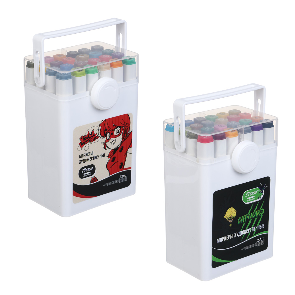 Ледибаг/Супер-Кот Набор маркеров худож., 2-стор. (кругл./кисть), 24цв., пл.бокс, "Скетч", 2 диз., арт.№ 811-033