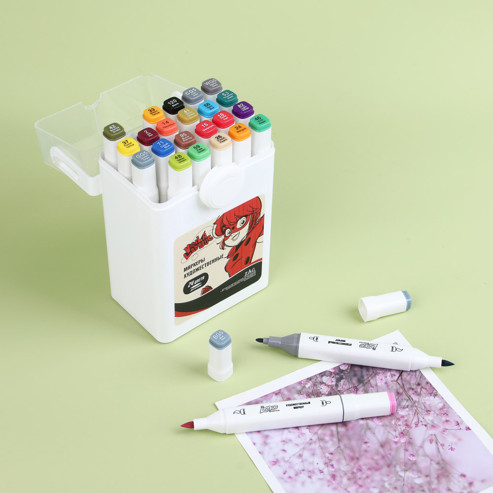 Ледибаг/Супер-Кот Набор маркеров худож., 2-стор. (кругл./кисть), 24цв., пл.бокс, "Скетч", 2 диз., арт.№ 811-033