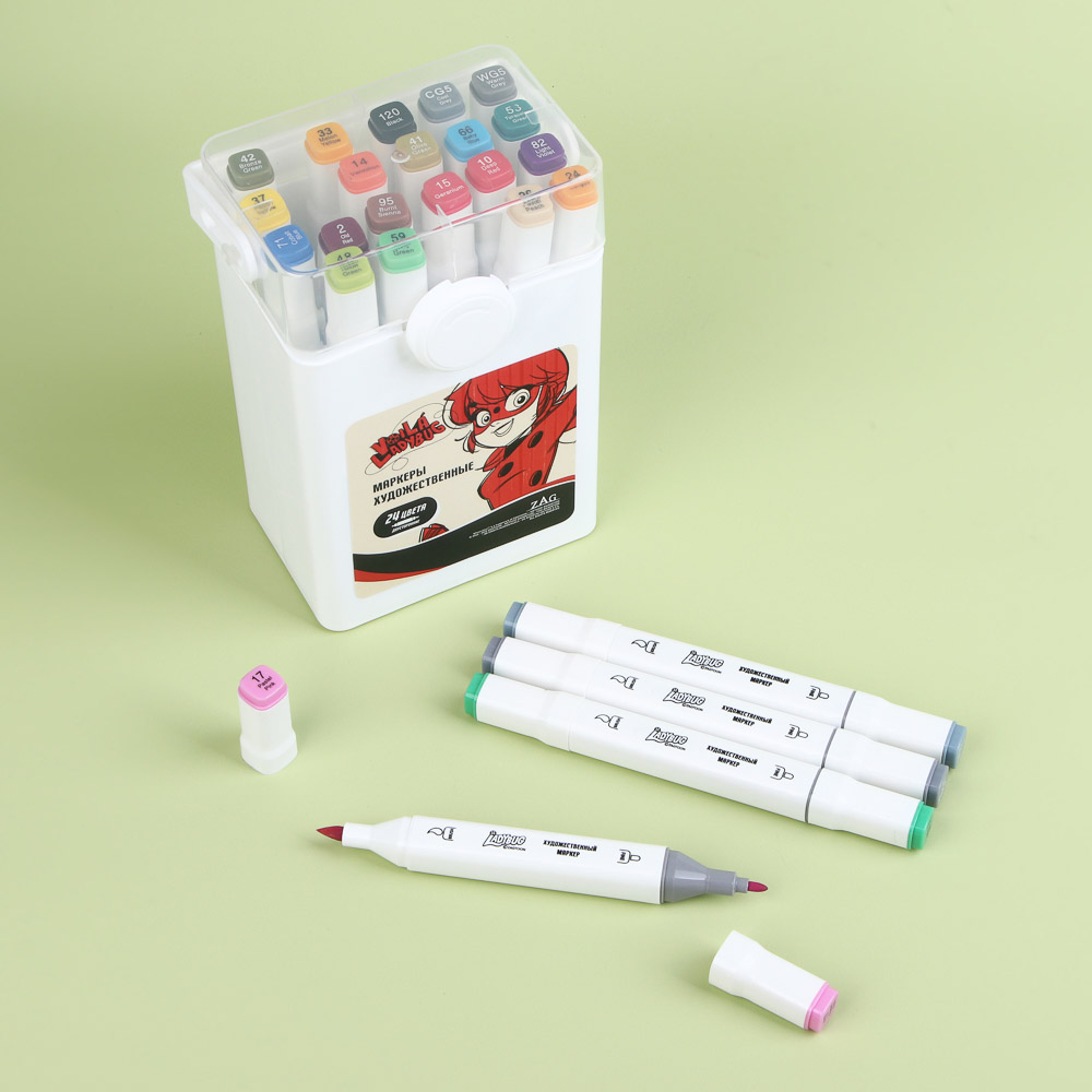 Ледибаг/Супер-Кот Набор маркеров худож., 2-стор. (кругл./кисть), 24цв., пл.бокс, "Скетч", 2 диз., арт.№ 811-033