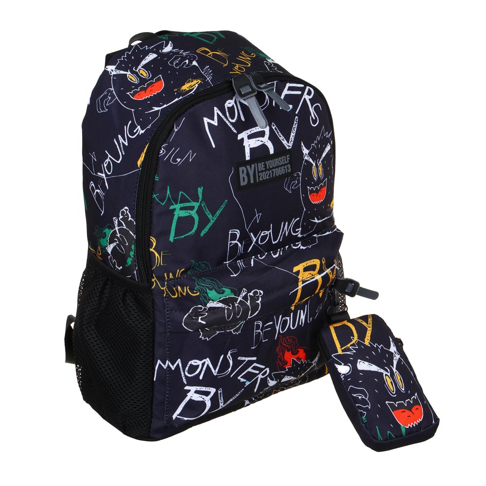 BY МОНСТРИКИ Рюкзак подростковый, 41x29x18см, 1 отд., 4 карм., плотный ПЭ, темный фон, кошелек, арт.№ 254-658