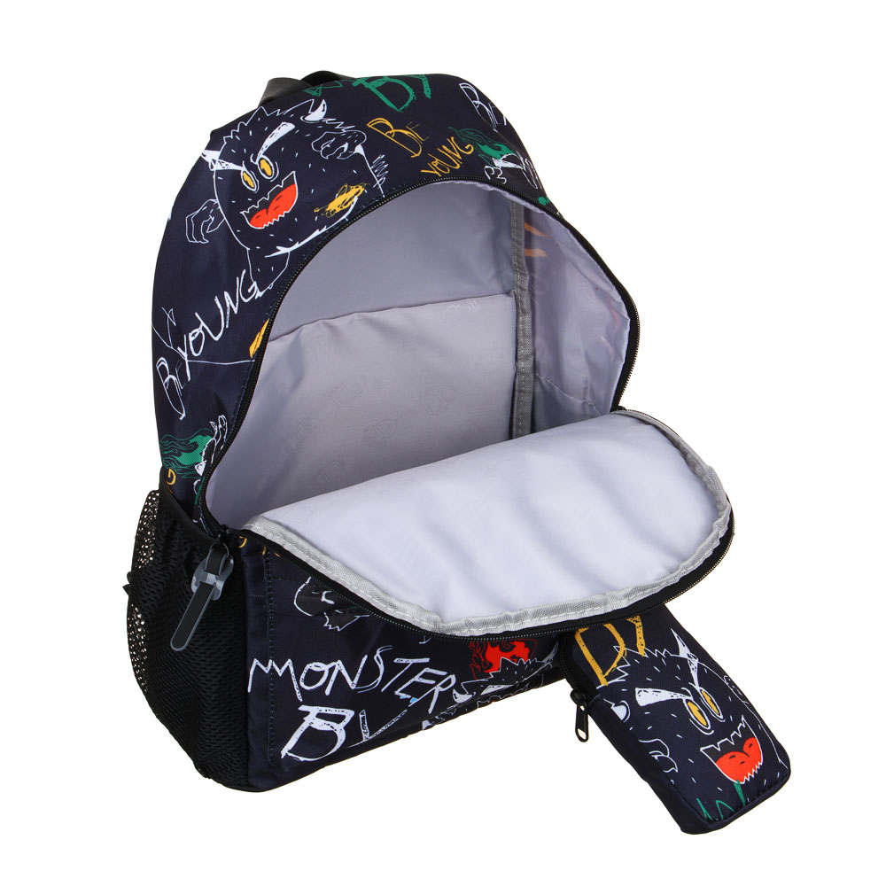 BY МОНСТРИКИ Рюкзак подростковый, 41x29x18см, 1 отд., 4 карм., плотный ПЭ, темный фон, кошелек, арт.№ 254-658
