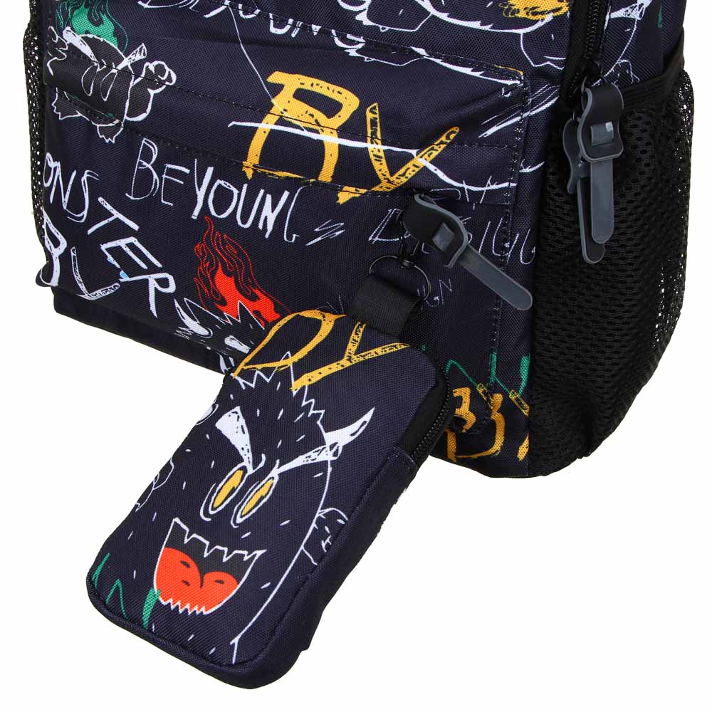 BY МОНСТРИКИ Рюкзак подростковый, 41x29x18см, 1 отд., 4 карм., плотный ПЭ, темный фон, кошелек, арт.№ 254-658