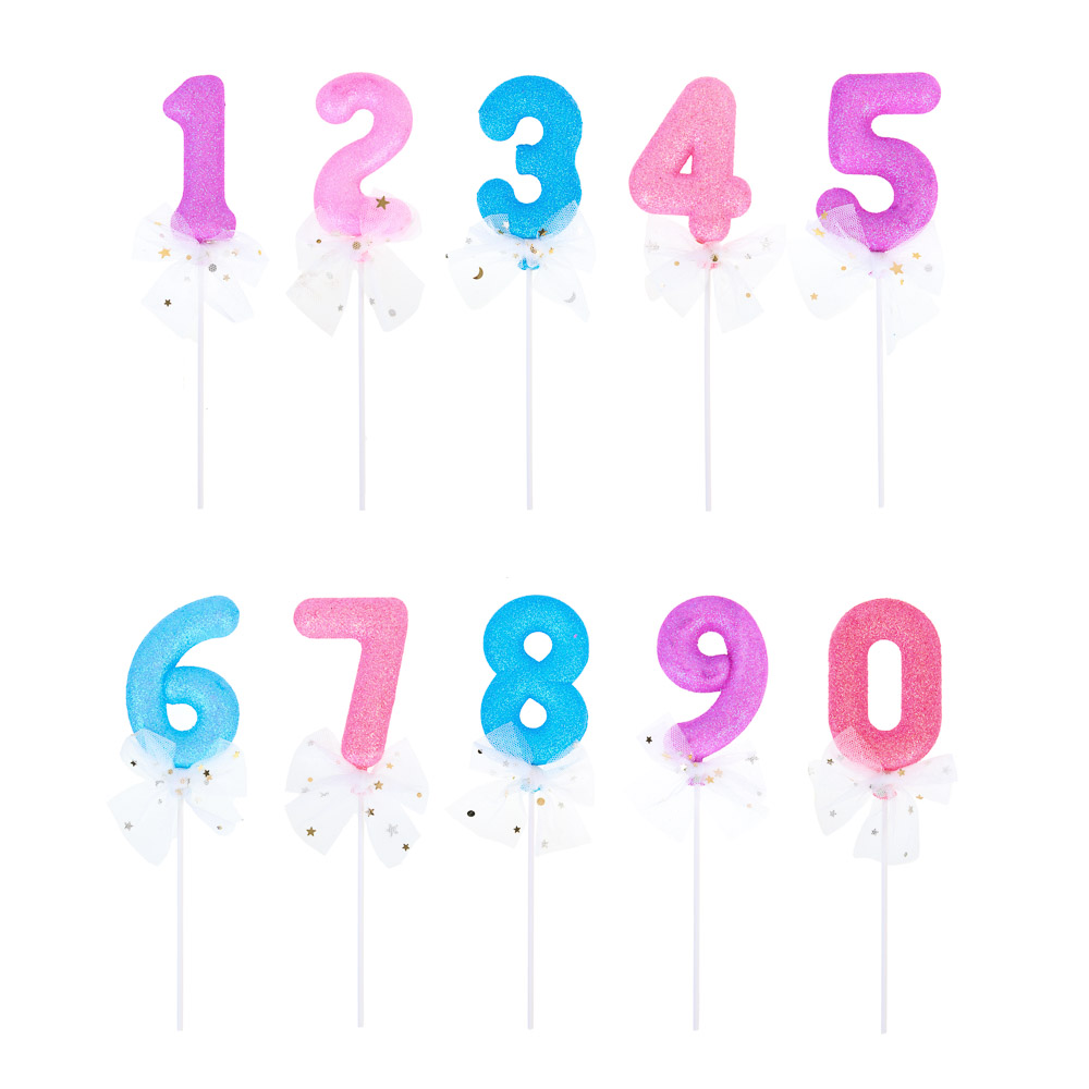 FNtastic Декор для торта в виде цифры 0-9 с бантом, 21см, пластик, бумага, 10 дизайнов, 3 цвета, арт.№ 530-319