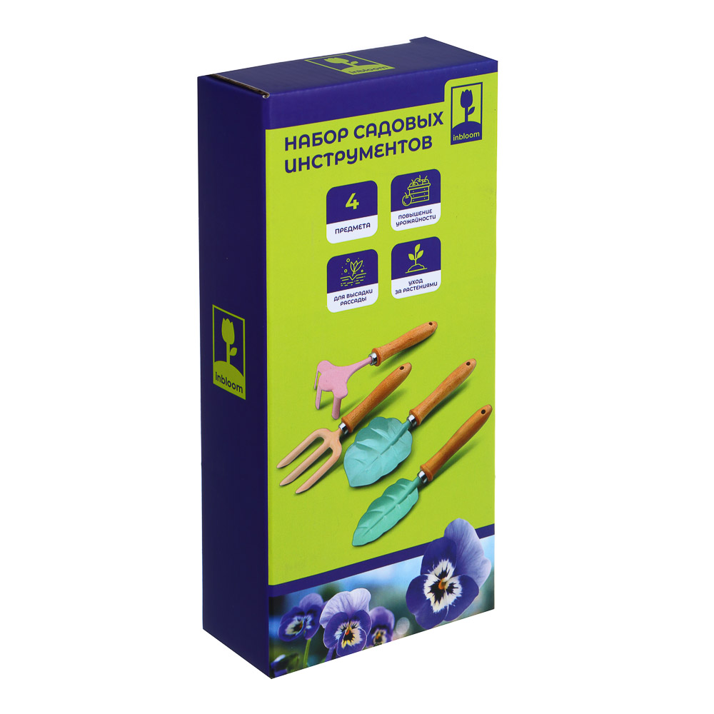 INBLOOM Набор садовых инструментов 4шт (рыхлитель 1шт, лопатка 2шт, вилка 1шт), бук, металл, арт.№ 181-101