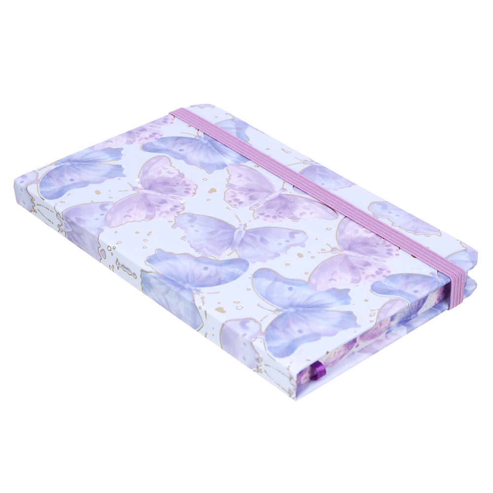 Записная книжка на резинке, А6, 9х14см, 80 л., цветной срез, закладка-лента, Бабочки, 4 дизайна, арт.№ 574-071