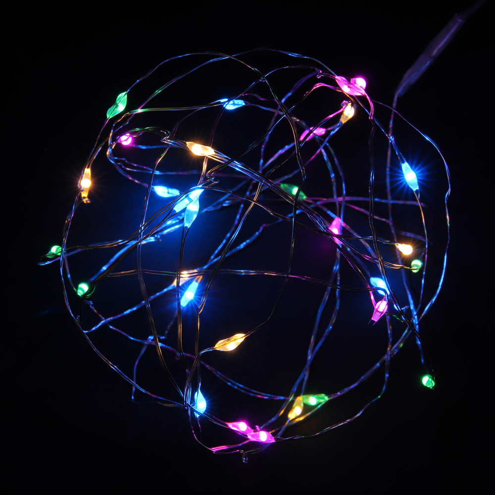 Гирлянда нить росы 1 м СНОУ БУМ, 10 LED ламп, постоянное свечение мульти, проволока серебряный цвет, 2xCR2032, арт.№ 384-331