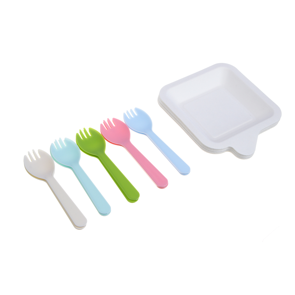 Набор посуды одноразовой, 11x13см, картон, пластик, 10 вилок-ложек, 10 тарелок, арт.№ 530-372