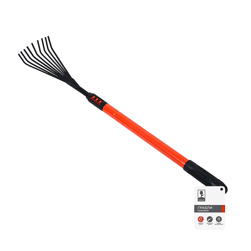INBLOOM Грабли садовые телескопические 77-103х12см, 9 зубьев, металл, пластик, арт.№ 181-081