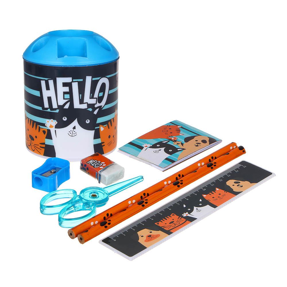 ХЭВ Э НАЙС ДЭЙ Набор канц. в стакане, 8 предм.: линейка,2каранд.,точилка, ластик, ножницы, блокнот, арт.№ 234-036