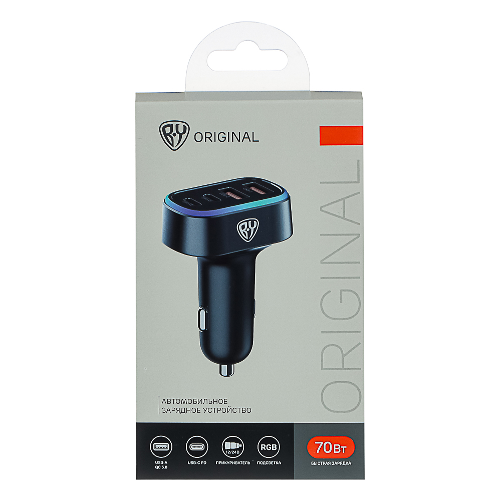 BY Зарядное устройство с подсветкой 12/24 В, 70 Вт QC, PD 2*Type-c/2*USB-A, алюминий, пластик, арт.№ 738-046