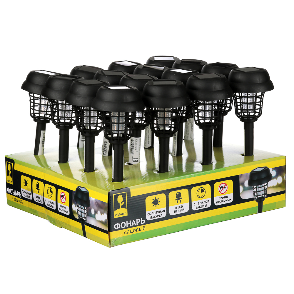 INBLOOM Фонарь садовый антимоскитный на солнечной батарее, 9,1х35см, 2LED белый, пластик, арт.№ 185-037