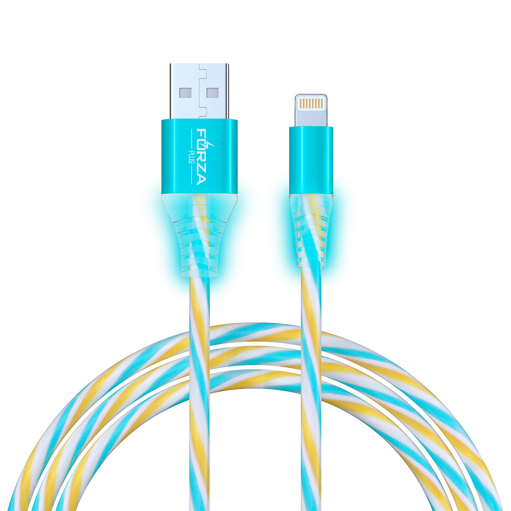 Кабель для зарядки USB(A)-iP FORZA Конфетти, 1м, 1.5А, цветная подсветка, 3 цвета, пакет, арт.№ 443-037
