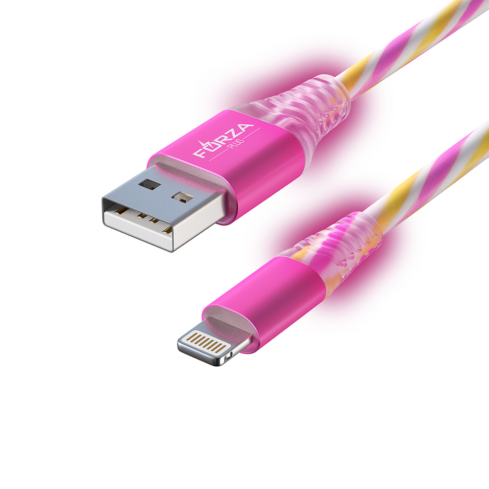 Кабель для зарядки USB(A)-iP FORZA Конфетти, 1м, 1.5А, цветная подсветка, 3 цвета, пакет, арт.№ 443-037