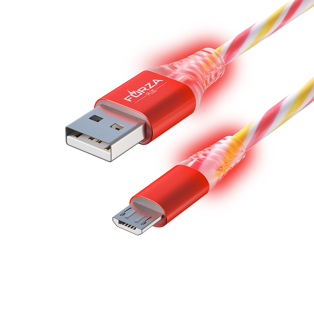 Кабель для зарядки USB(A)-microUSB FORZA Конфетти, 1м, 1.5А, цветная подсветка, 3 цвета, пакет, арт.№ 443-036