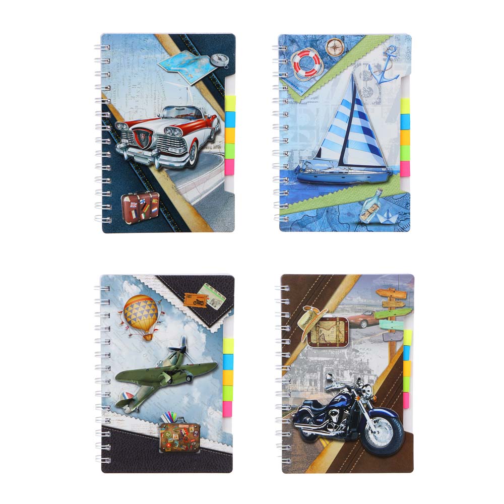 Записная книжка 19х12,7см, 60л., "Транспорт", тв. обложка, спираль, аппликация, разделители, 4 диз., арт.№ 557-061