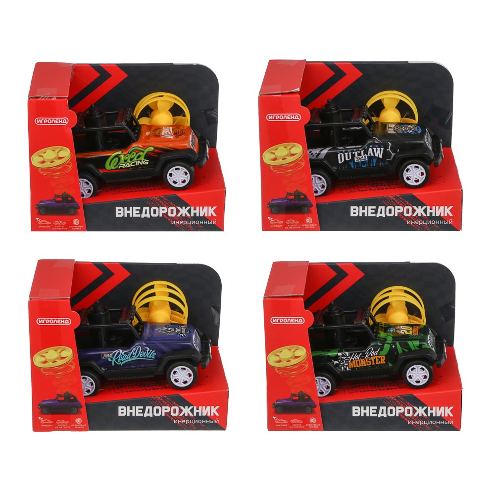 ИГРОЛЕНД Внедорожник инерционный с волчками, металл, 15х11,1х9 см, 4 дизайна, арт.№ 292-476