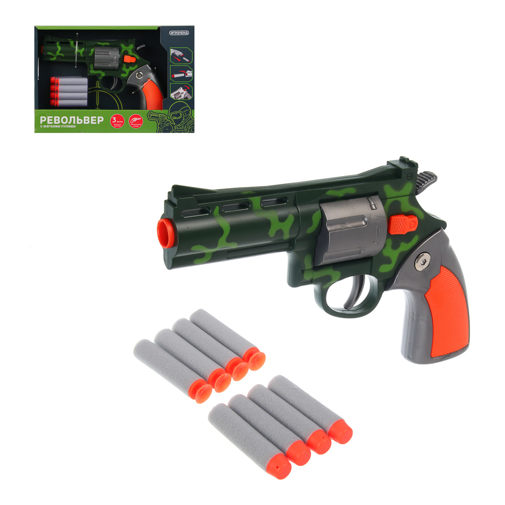 ИГРОЛЕНД Револьвер с мягкими пулями 8 шт, металл, ABS, 27,5x4,8x18,5см, 4 дизайна, арт.№ 261-795