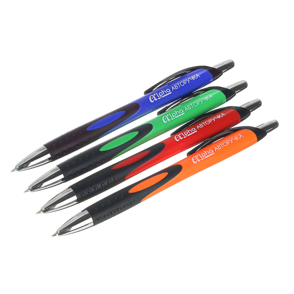 Авторучка шариковая синяя "Альфа", цв.корпус, фигурная резиновая вставка, пластик, 4 цв. Корпуса, арт.№ 626-026