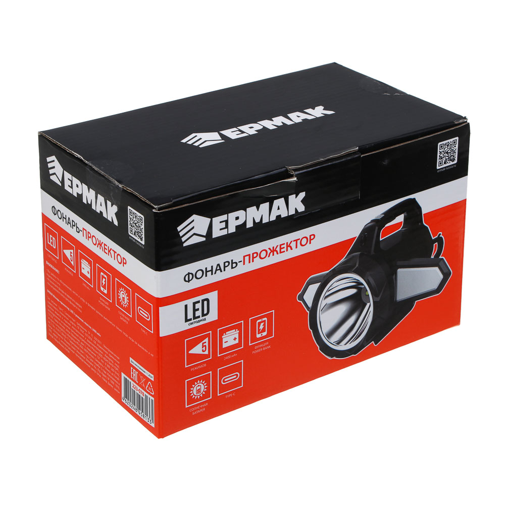 ЕРМАК Фонарь прожектор,LED,5 режимов,пластик,2400мАч,боков.фонари, красный свет, солн.батарея,Туре-С, арт.№ 223-078