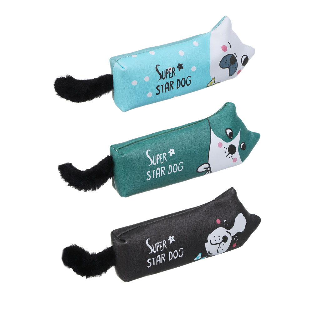 Пенал фигурный 23х9х3см, 1 отд., в форме собаки, иск.кожа с печатью, хвост-плюш, 3 дизайна, арт.№ 238-048