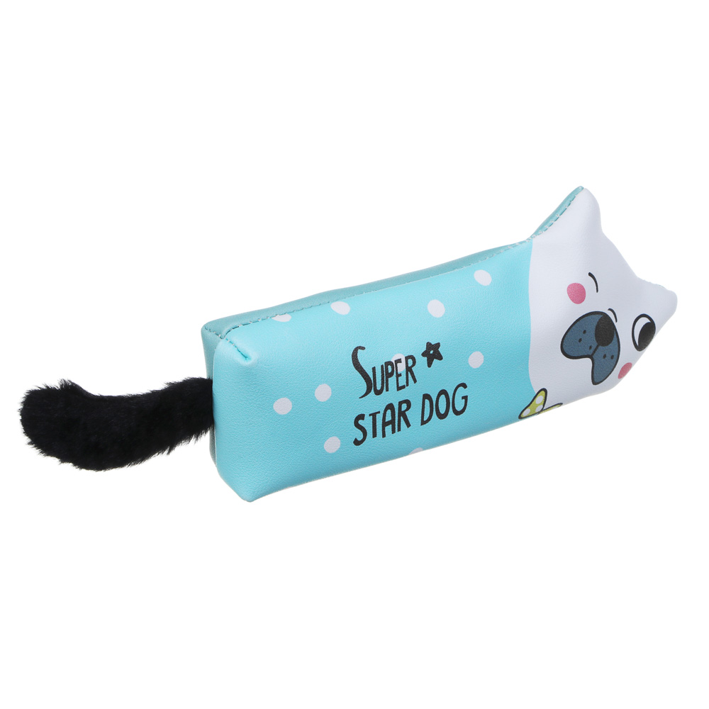 Пенал фигурный 23х9х3см, 1 отд., в форме собаки, иск.кожа с печатью, хвост-плюш, 3 дизайна, арт.№ 238-048