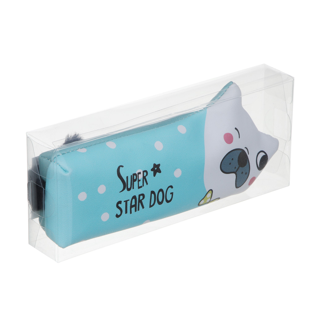 Пенал фигурный 23х9х3см, 1 отд., в форме собаки, иск.кожа с печатью, хвост-плюш, 3 дизайна, арт.№ 238-048