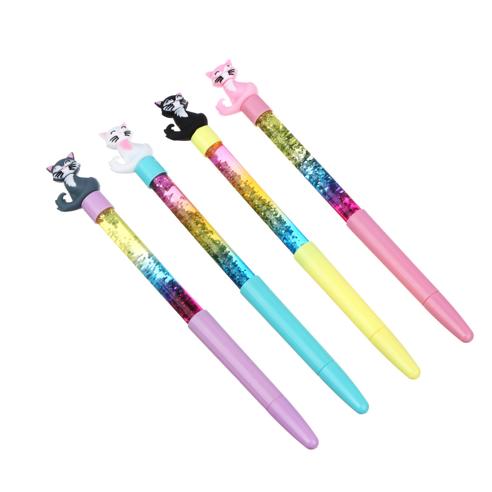 Ручка шариковая синяя, наконечник в форме котика, корпус с блестками, 20,7 см, 4 дизайна, пластик, арт.№ 591-035