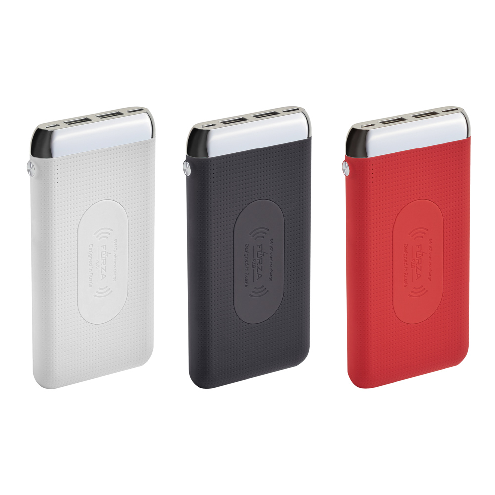 Аккумулятор мобильный FORZA 8000мАч, 2xUSB, 2А, с беспроводной зарядкой, прорезиненный, 3 цвета, арт.№ 916-215