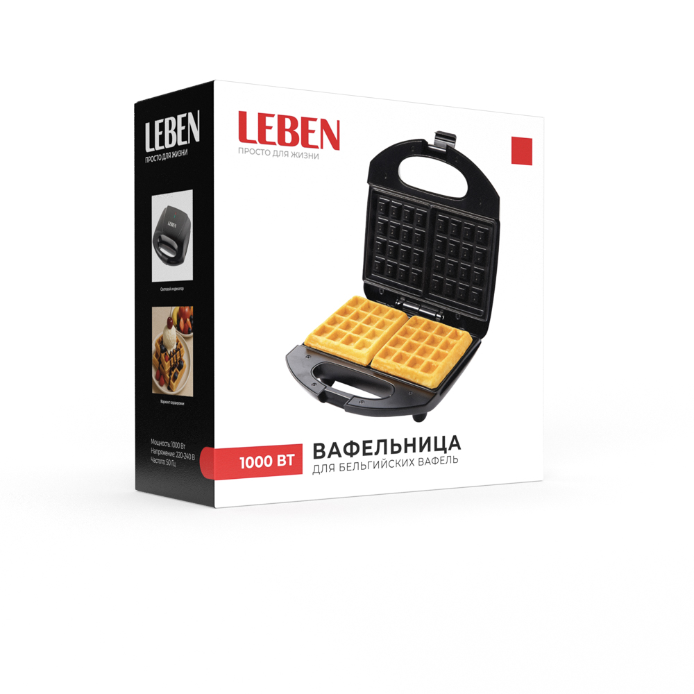 LEBEN Вафельница для бельгийских вафель, 1000 Вт, пластик, нерж. сталь, антипригарное покрытие, арт.№ 271-041