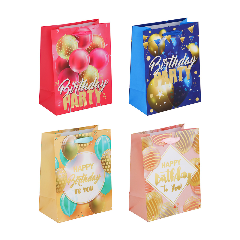 Пакет подарочный тм LADECOR, вскч бум., с фольг.слоем, М 18x23x10см, 4 дизайна, С Днем Рождения, арт.№ 507-222
