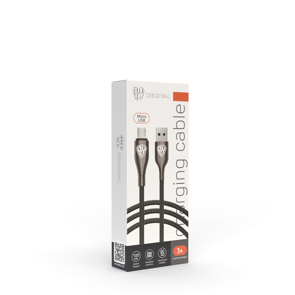Кабель для зарядки USB(A)-microUSB BY Керамика, 1м, 3А, быстр зар QC3.0, тканевая оплётка, черный, арт.№ 931-010